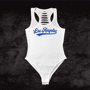 Womens Handmade White/Blue Glitter Los Angeles City Bodysuit, Dodger Fan